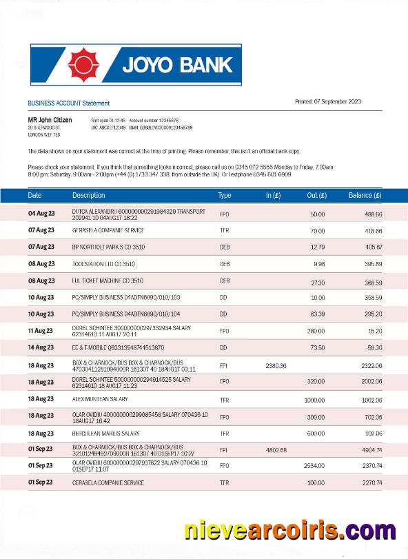 JOYO Bank bank statement